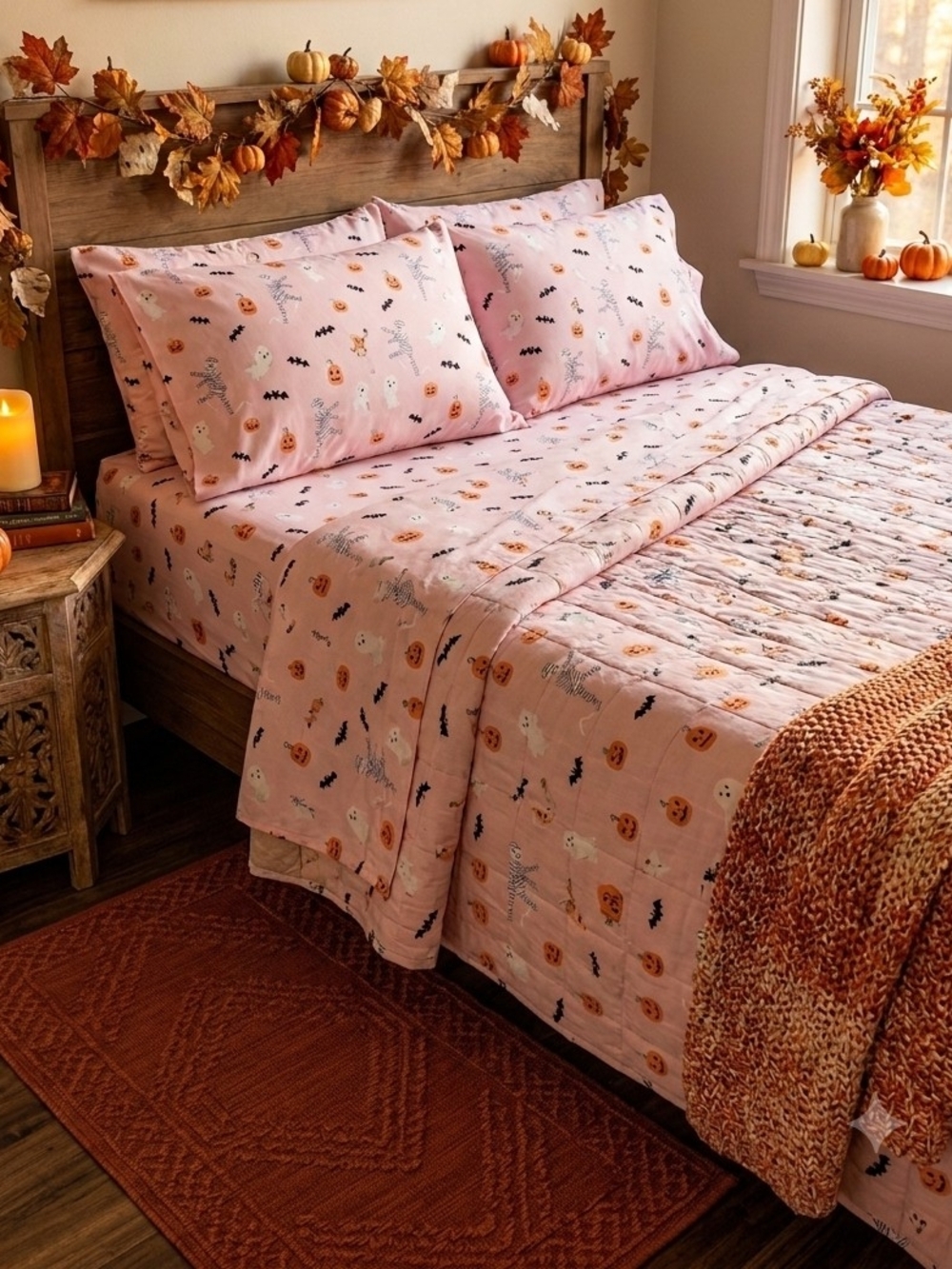 Queen Size Pink Halloween Print Sheet Set 100% Cotton